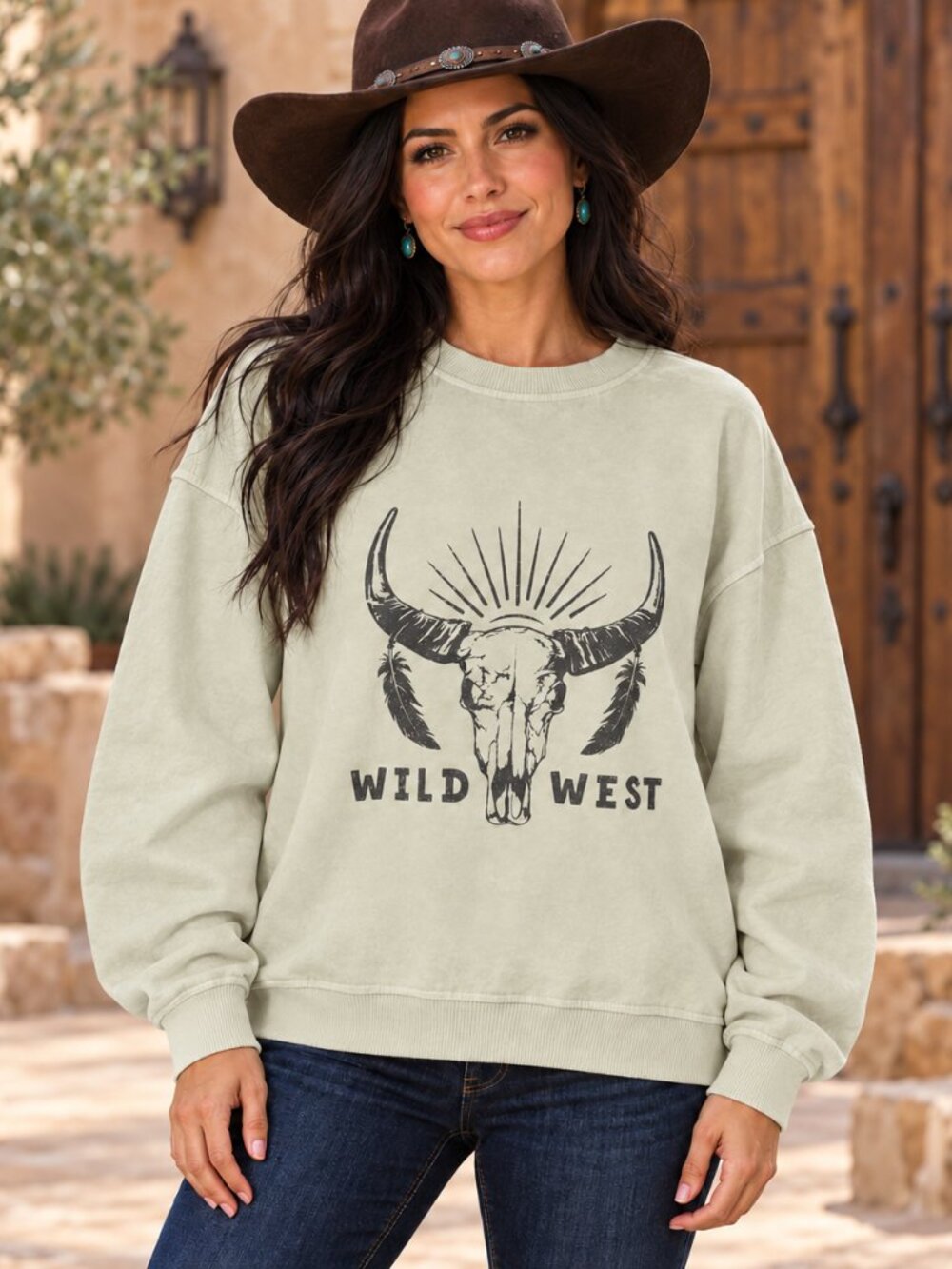 Wild West Longhorn Graphic Crewneck Sweatshirt in Pale Sage - M